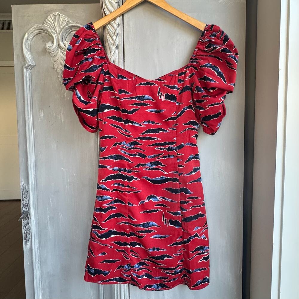 4SI3NNAI Red Abstract Print Puff Sleeve Mini Dress XS